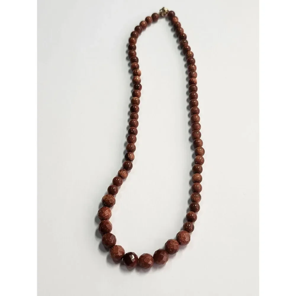 Goldstone Bead Graduated Necklace - Brown Goldtone 14K GF Magnetic Clasp